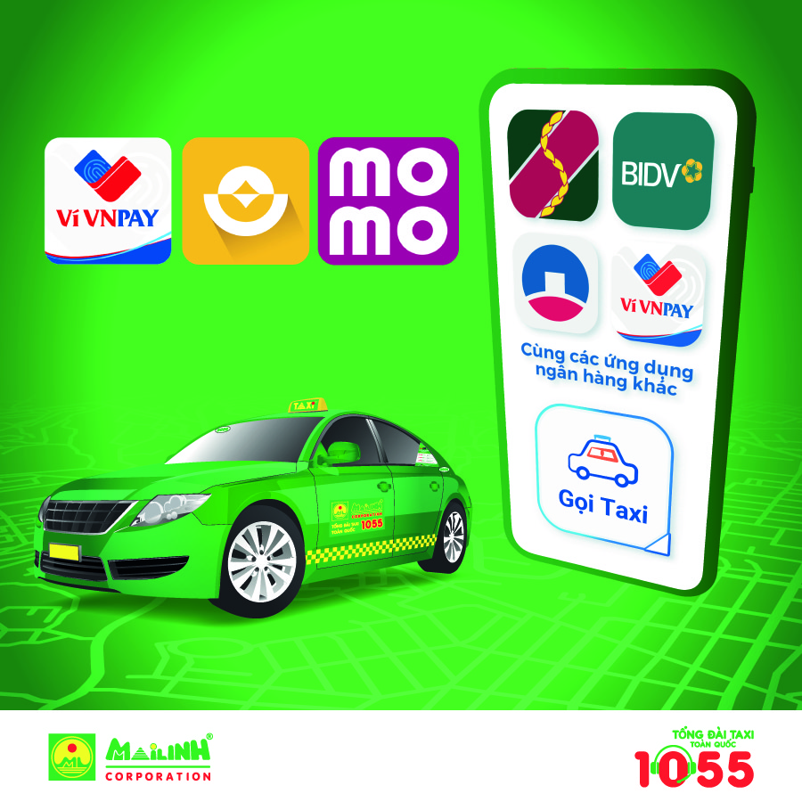 Phương thức thanh toán khi đi taxi Mai Linh,gọi taxi & thanh toán trực tiếp trên các ứng dụng ngân hàng; ví VNPAY; ví MOMO, ví Việt